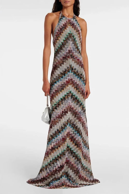 Jodie Knit Colorful Herringbone Print Halter Open Back Maxi Dress
