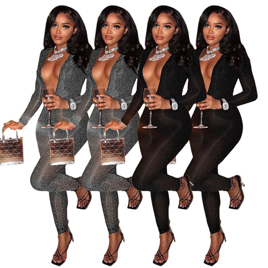 Women Clothing Eaby Deep V Plunge neck Night Club Bright Silk Slim Hollow Out Cutout Sexy Jumpsuit