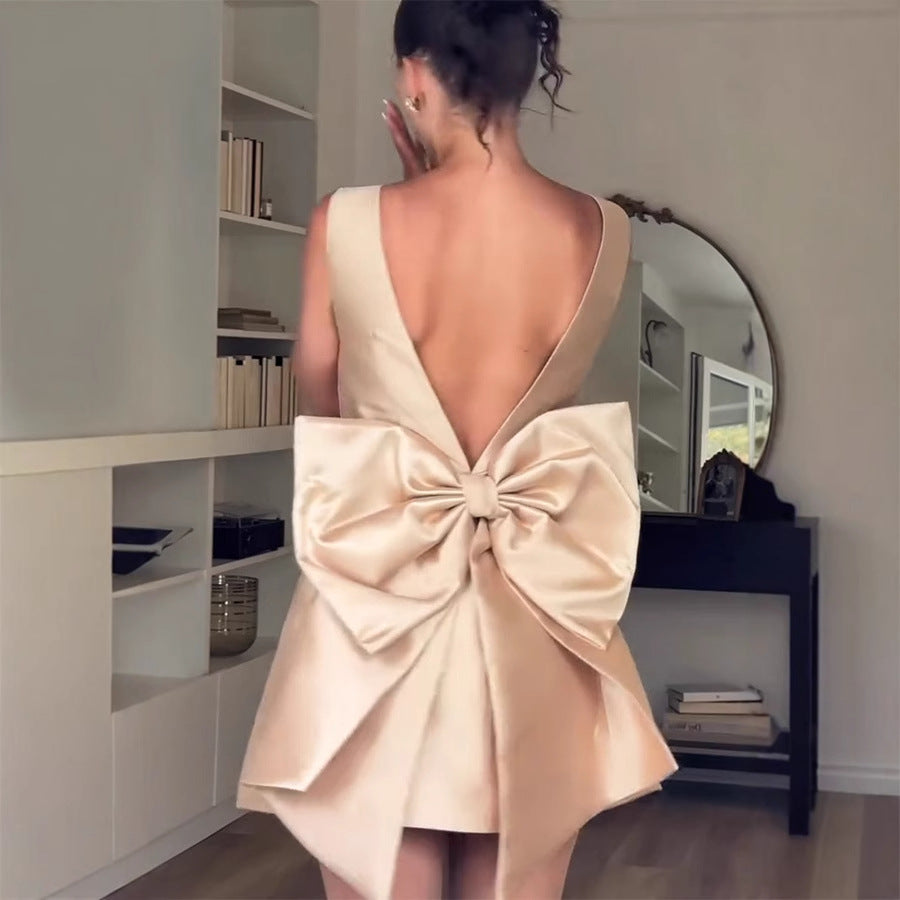 Women Clothing Spring Satin Backless Bow Decorative High Waist Dress