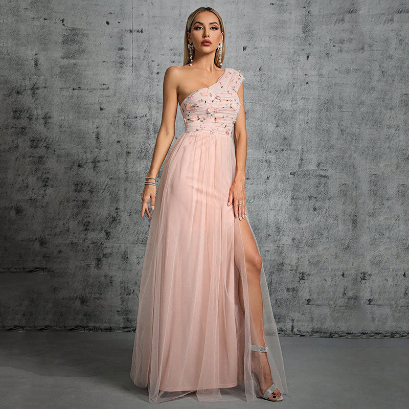 Evening Dress Women Spring Sexy Graceful Evening Dress Women Stitching One Shoulder Swing Dress