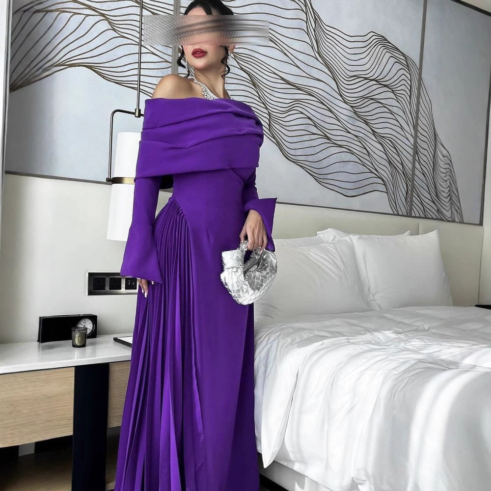 Fall Winter Women Clothing Middle East Sexy off the Shoulder Pleated Evening Dress