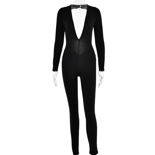 Autumn Deep V Plunge neck Long Sleeved Leggings Women Sexy Backless Tight Jumpsuit