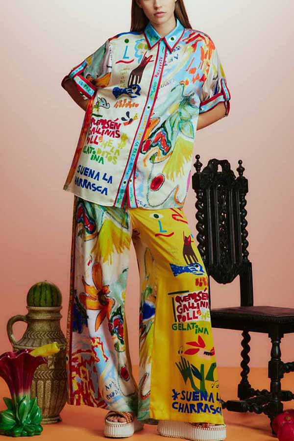 Personality Satin Printed Short Sleeve Vacation Casual Lace Two Piece Sets