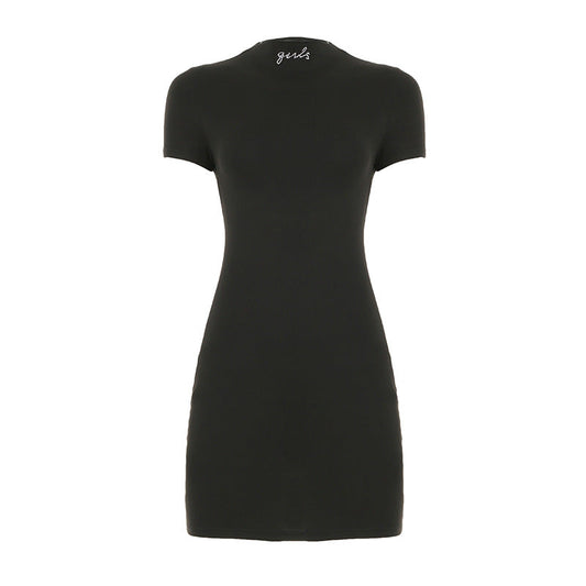 Basic Casual Women Clothing Half Turtleneck Rhinestone Short Sleeve Dress Solid Color Slim Fit Hip Wrapped Short Dress Summer
