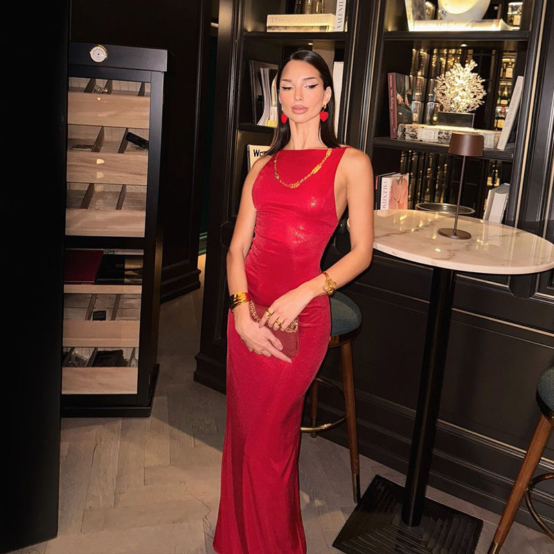 Fashionable Women Clothing Red Elegance Sleeveless Maxi Dress Slim Fit Sexy Backless Evening Dress for Ladies