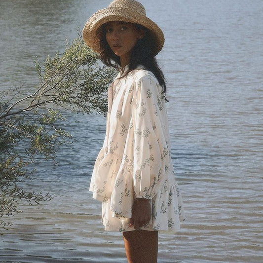 French Classic Skirt Puff Sleeve Small Turtleneck Ruffled Puffy Shirt Printed Shorts Suit