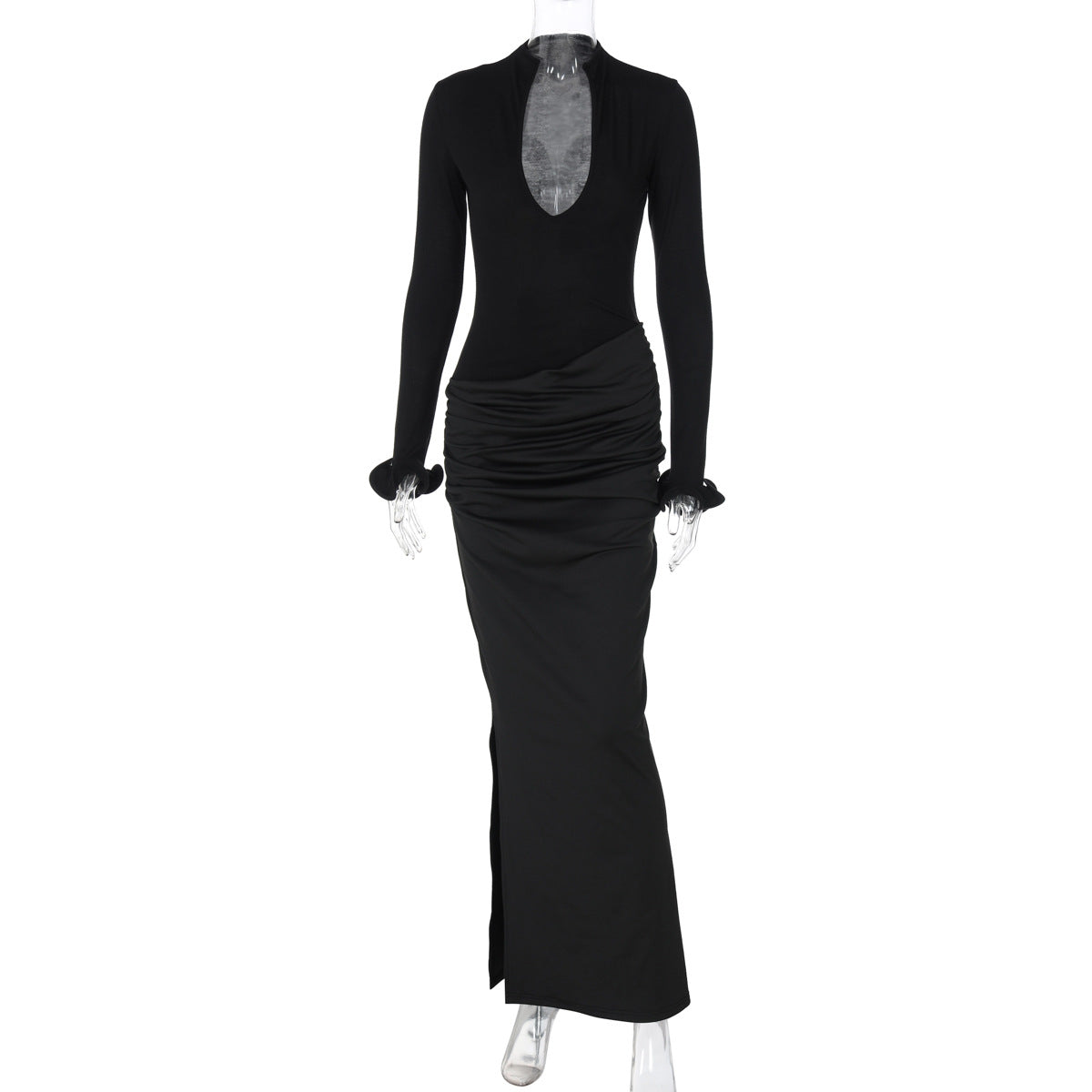 Women Clothing Sexy Deep V Plunge Long Sleeve Solid Color Sexy Double Stitching Pleated Maxi Dress