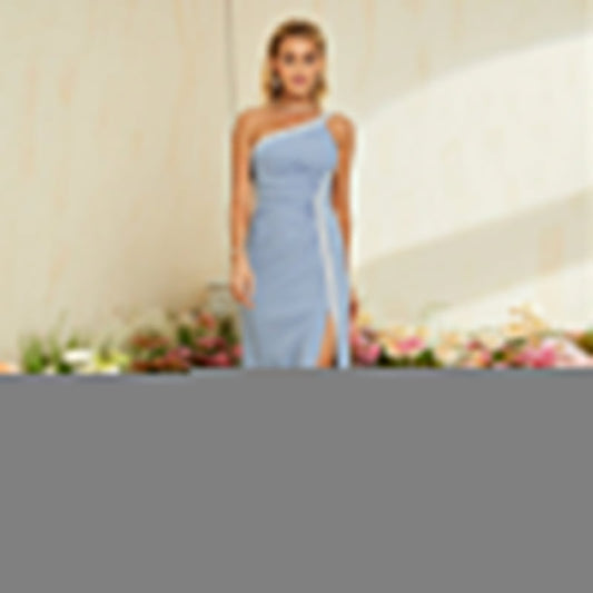 Blue One Shoulder Evening Dress Sexy Fishtail Slit Host Cocktail Performance Star Same