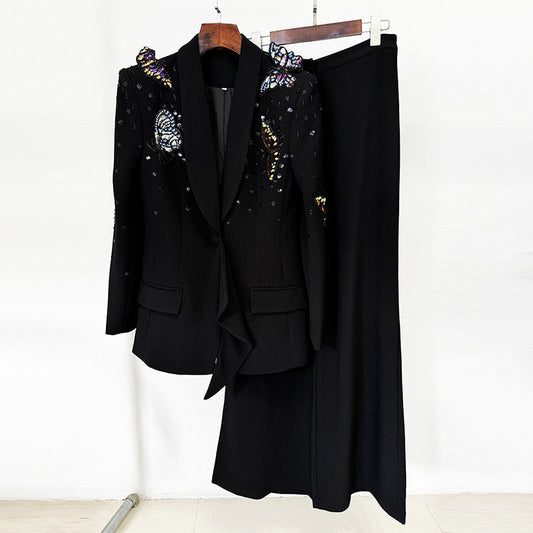 Autumn Winter Star Heavy Industry Three Dimensional Butterfly Beads Rhinestones Work Pant Two Pieces Sets