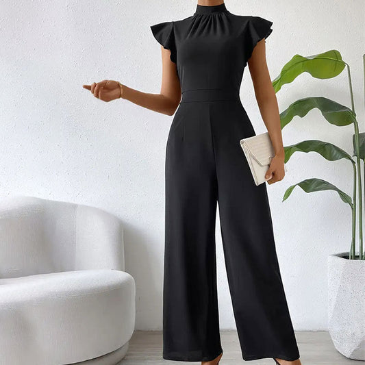 Stand Collar Ruffle Wide Leg Pants Draping Effect Trousers Women Sleeveless Jumpsuit Casual Pants Pants Women Summer