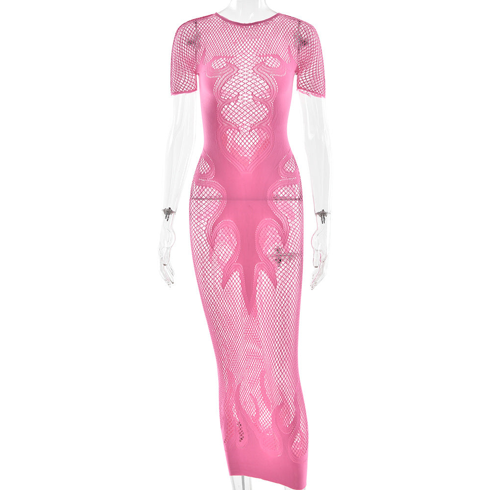 Sexy Cutout See through Tight Dress Sexy Flame Details Fishnet round Neck Dress