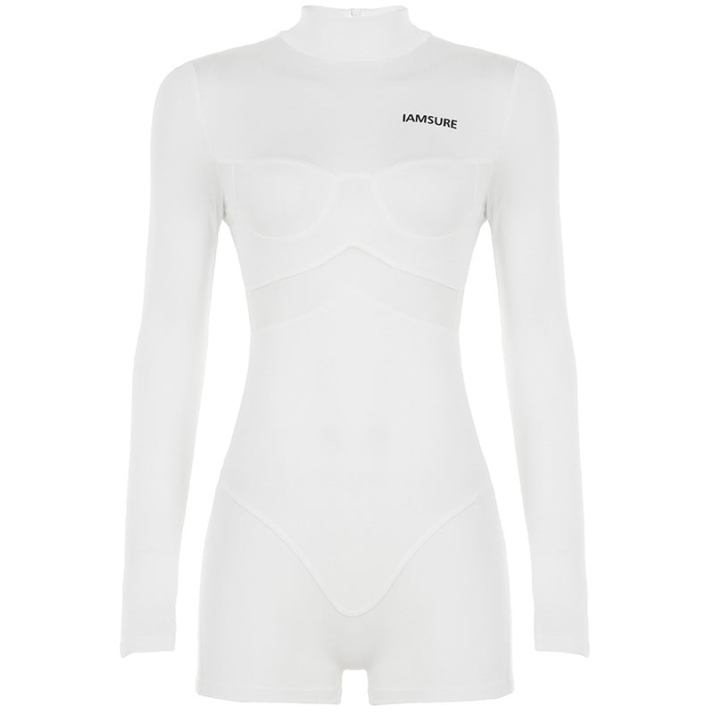 Street Sexy Casual Mesh Stitching One Piece Short Half Turtleneck Sexy Tight Long Sleeve Narrow Jumpsuit Women