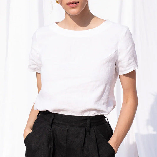 Summer Linen Short Sleeved Casual Comfortable Breathable Cotton Linen T shirt Office Solid Color round Neck Loose Top T