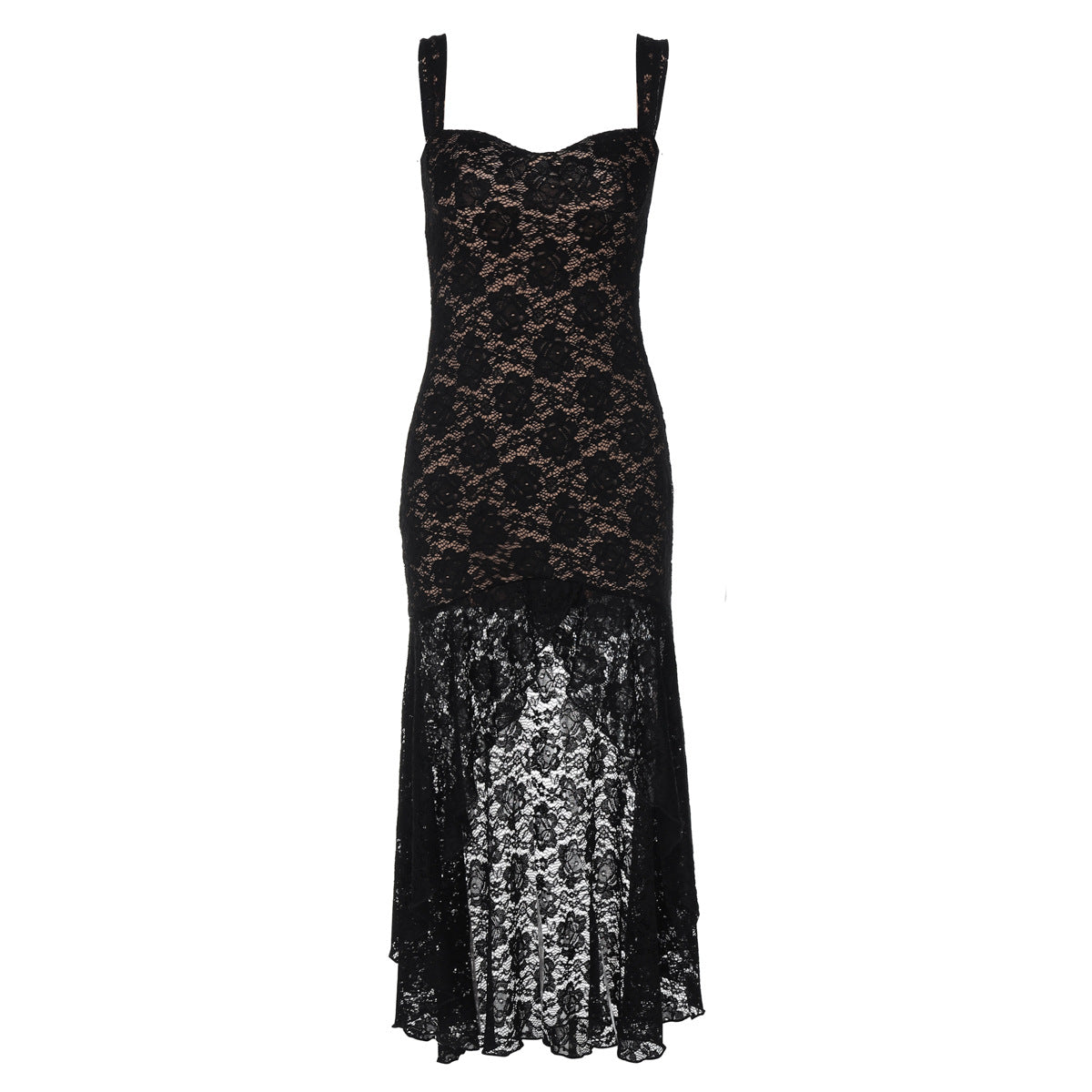 Suspenders Sexy Lace Low Cut Slim Fit Sheath Irregular Asymmetric Swing Circumference Dress
