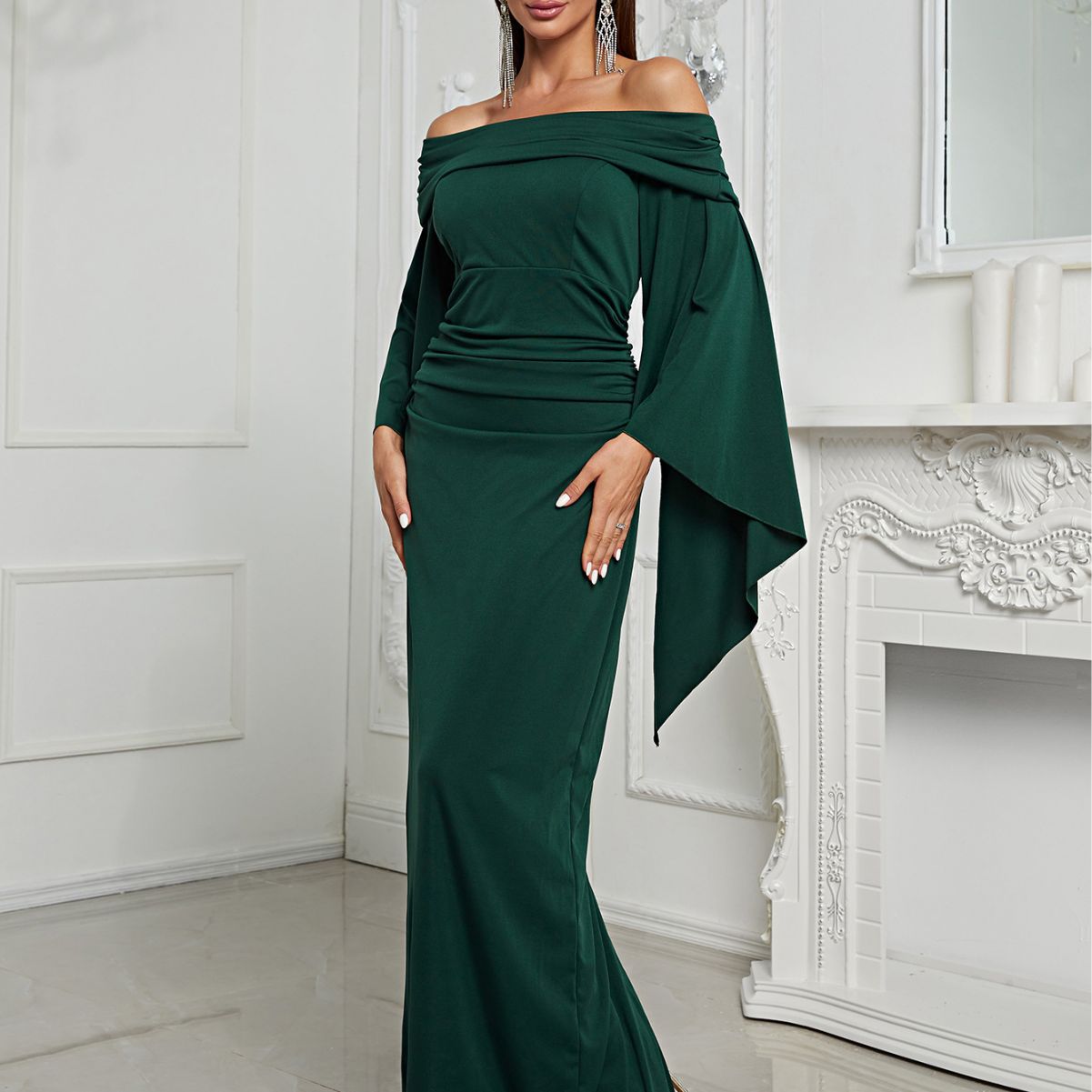 Evening Dress off Shoulder Long Sleeve Slim Fit Slit Dress Cocktail Dress