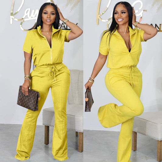 Women Clothing Spring Summer Short Sleeve Zipper Top Suit Pants Casual Two Piece Suit