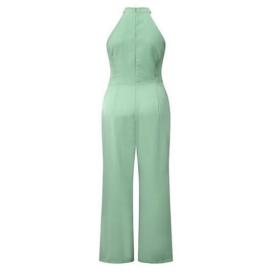 Solid Color Sleeveless Halter High Waist Lace up Straight Casual Jumpsuit Summer
