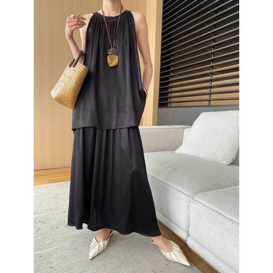 French Draping Satin Rayon A Line Vest Skirt Two Piece Suit