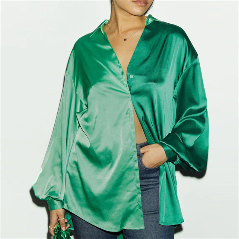 Spring Summer Satin Two Piece Set Colorblock Women Clothing Oversized Shirt Casual Straight Pants Set