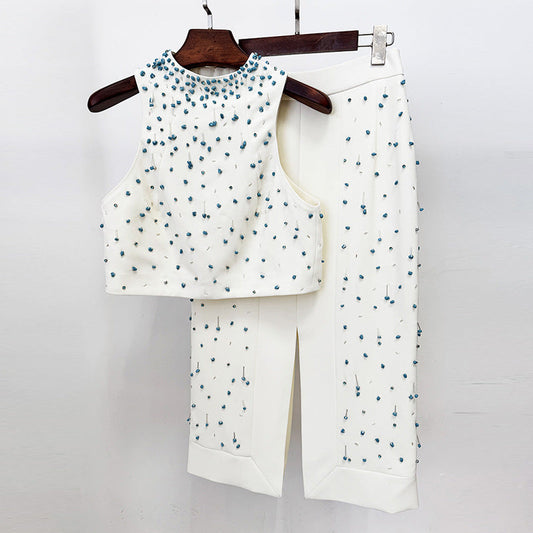 Heavy Industry Beads Vest Top Split Skirt Two Piece Sets