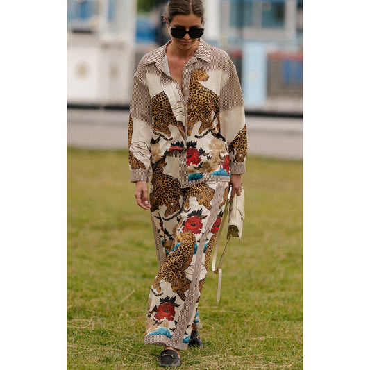 Autumn Winter Long Sleeved Casual Vacation Two Piece Set Loose Printed Pocket Solid Suit