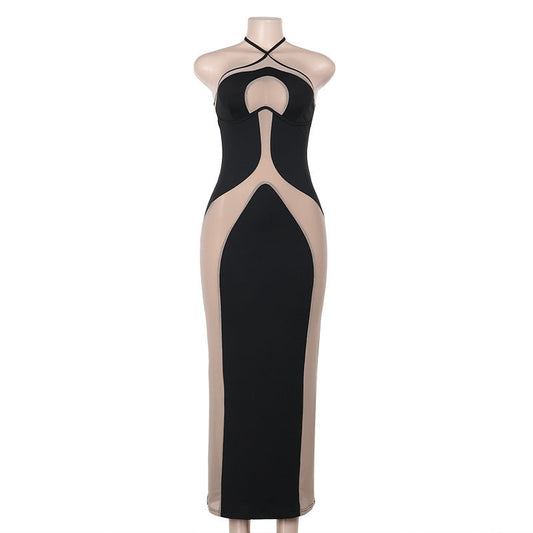 Fall Maxi Dress Elegant Halter Sling Slim Fit Hollow Out Cutout Sexy Dress