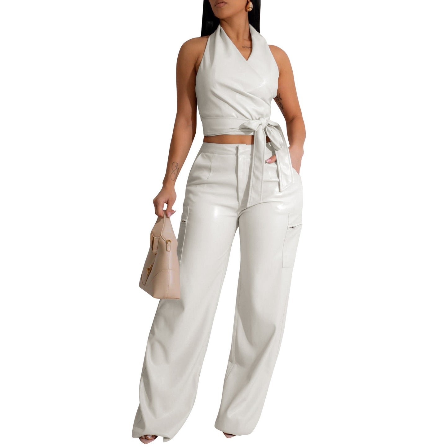 Women Clothing Faux Leather Sleeveless Halter Sexy Leather Pants Two Piece Summer