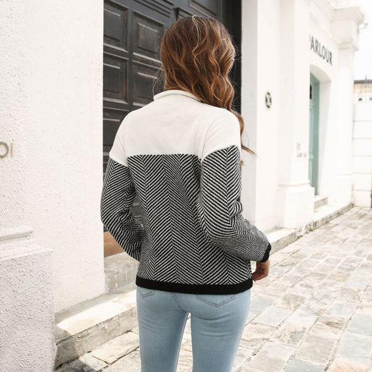 Twill Striped Color Matching Sweater Women Loose Autumn Winter Long Sleeve Knitwear Women Sweater