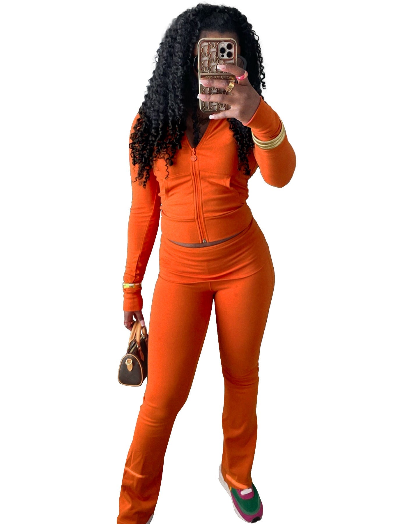 Women Clothing Sports Casual Tight Zipper Low Waist Fold Slightly Flared Fleece Lined Two Piece Sets