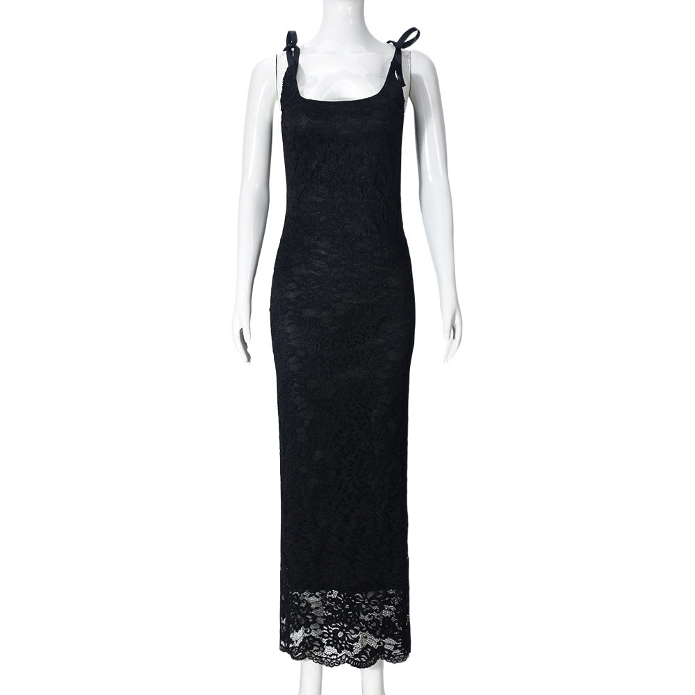 Women Clothing Spring Summer Lace Bow Sexy Backless Lace Double Layer Length Dress