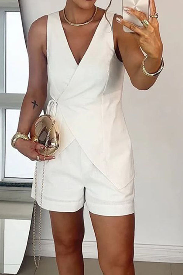 Solid Color Casual Sleeveless V-neck Top and Loose Shorts Set