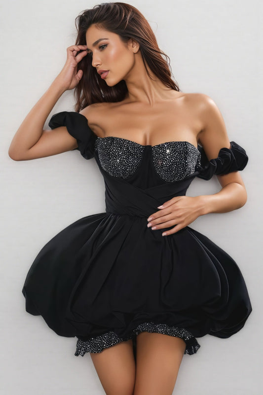 Xavias Black Rhinestone Strapless Mini Dress