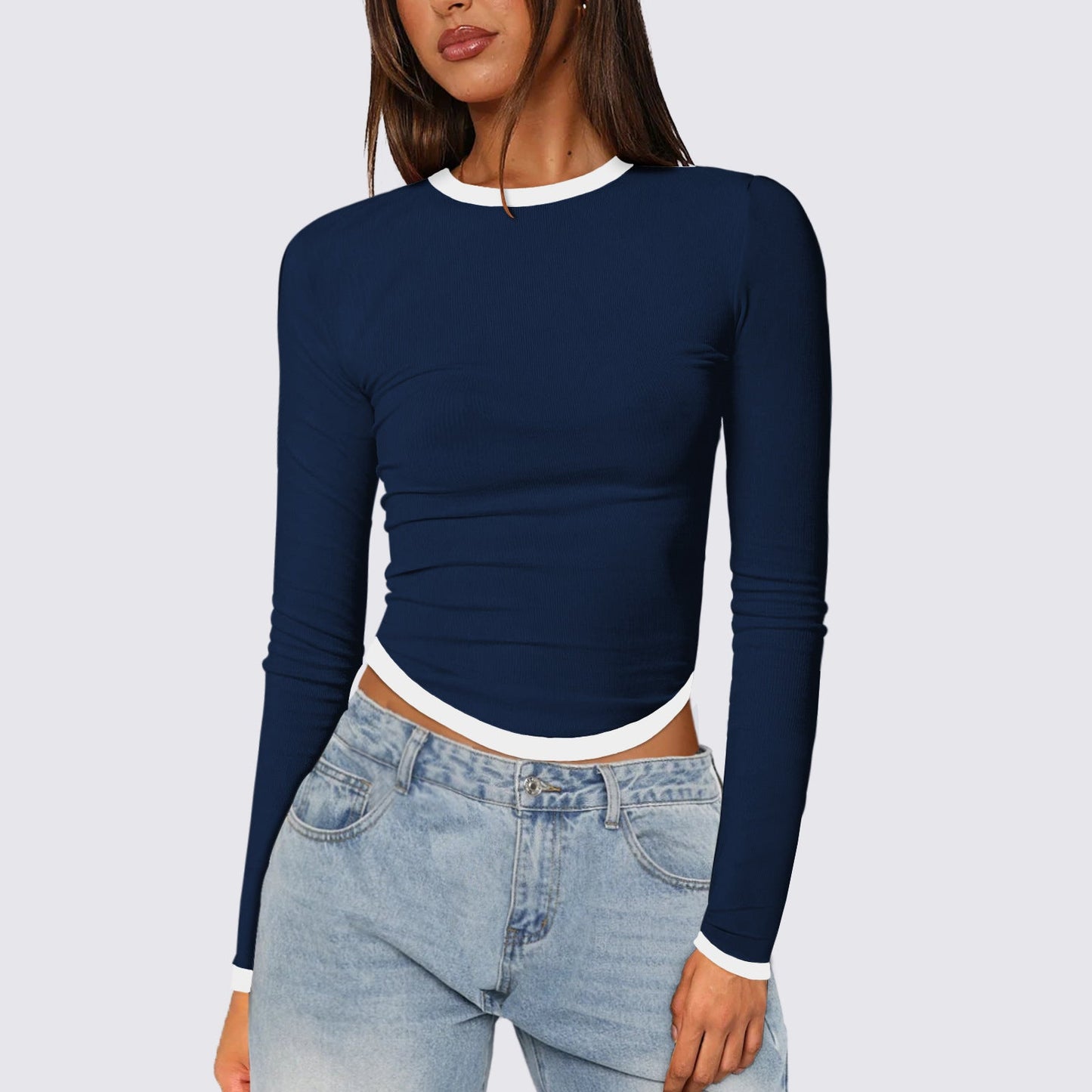 Women Clothing Spring Summer Long Sleeve round Neck Slim Fit Contrast Colors Short Pullover Top Women