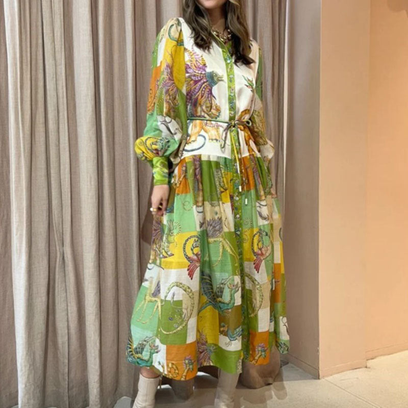Women Clothing Vintage Printed Lantern Sleeve Waist Controlled Large Hem Dress