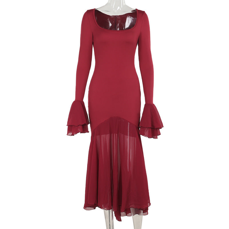 Autumn Socialite Elegant Sexy Slim Fit Ruffled Hem Long Sleeve Dress Women