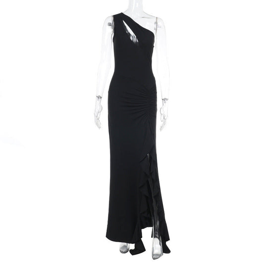 Spring Maxi Dress Elegant Sexy Slim One Shoulder Frill Ribbon Dress