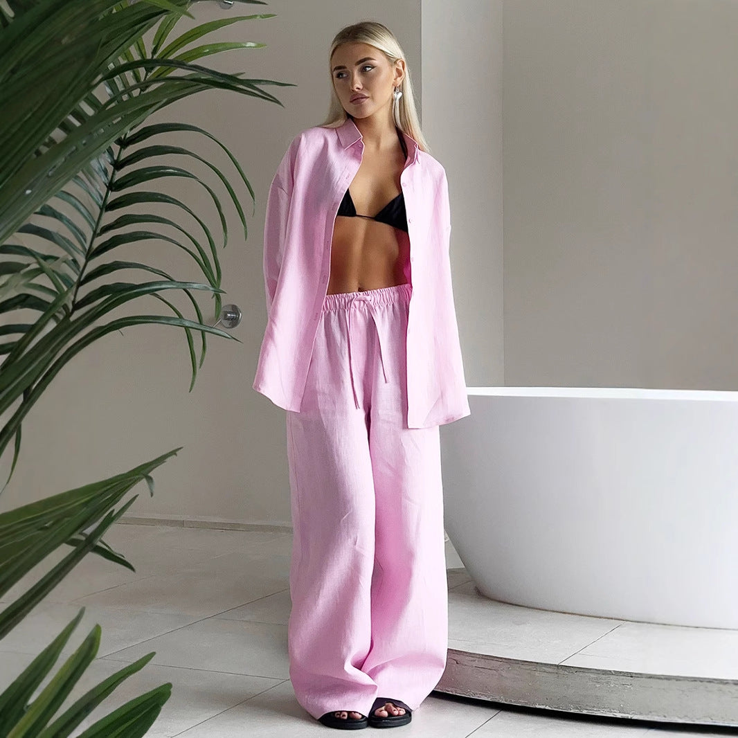 Cotton Shirt Trousers Spring Summer Loose Long Sleeve Shirt Casual Two Piece Sets Women