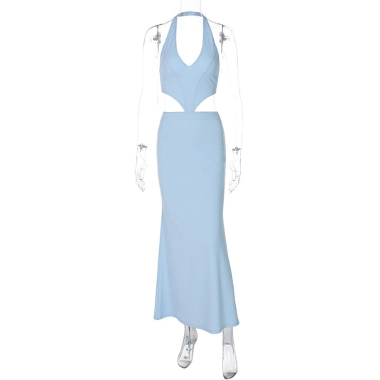 Women Clothing Spring Sexy Low Cut V neck Halter Faux Two Pieces Backless Lace up Dress
