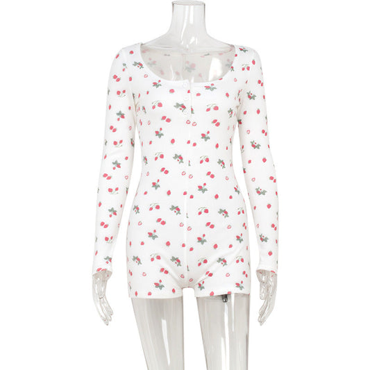 Spring Home Casual Floral Printed Square Collar Long Sleeve Jumpsuit Romper