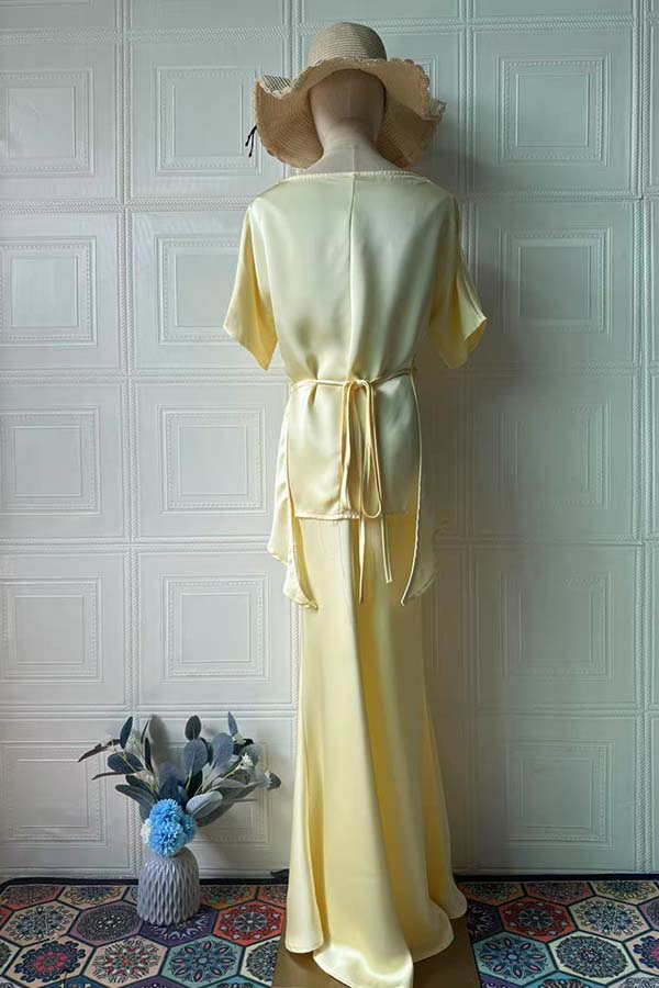 Secret of Elegance Satin Slit Back Lace-up Top and Elastic Waist Flare Maxi Skirt Set