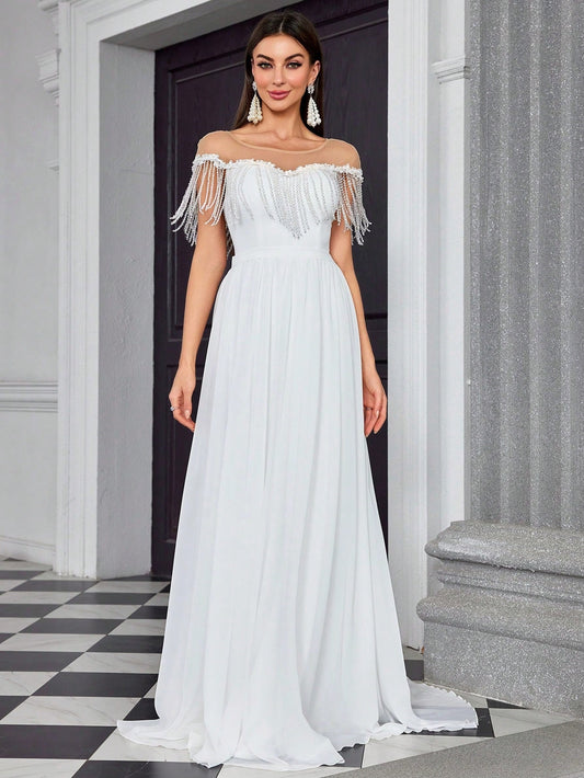 White Simple Ball Dress Beach Church Travel Photography Light Wedding Dress Small Trailing Annual Meeting Host Formal Dress Women