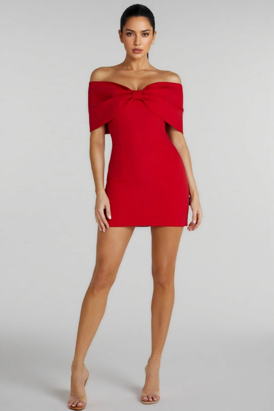 Lavinia Off Shoulder Bow Mini Dress - Red