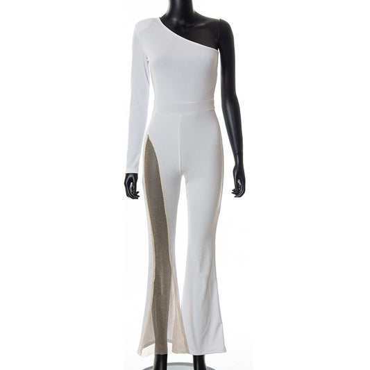 Autumn Women Clothing Solid Color Shoulder Mesh Stitching Jumpsuit