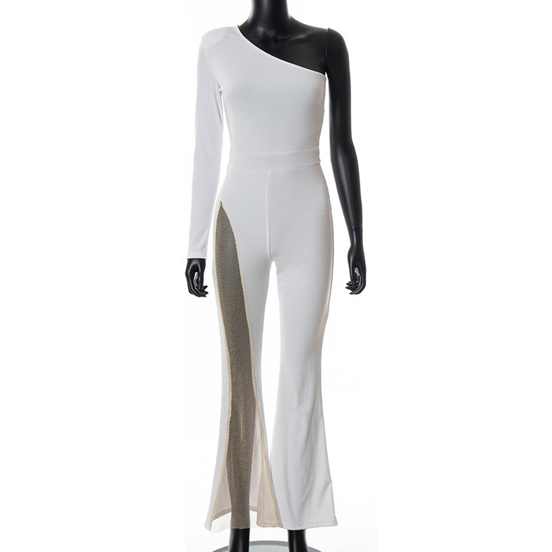 Autumn Women Clothing Solid Color Shoulder Mesh Stitching Jumpsuit