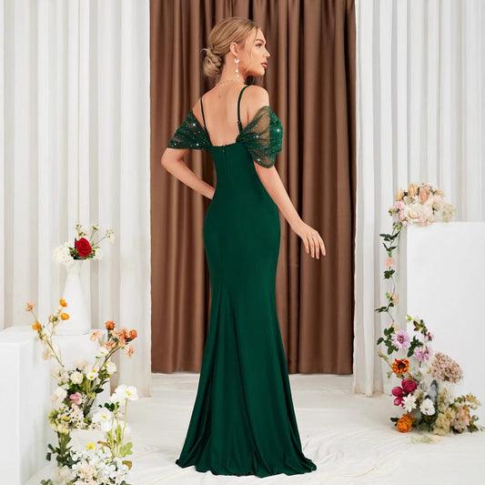 Off Shoulder Spaghetti Straps Evening Dress Slit Slim Fit Fishtail Gown Annual Meeting Performance Host Formal Dress
