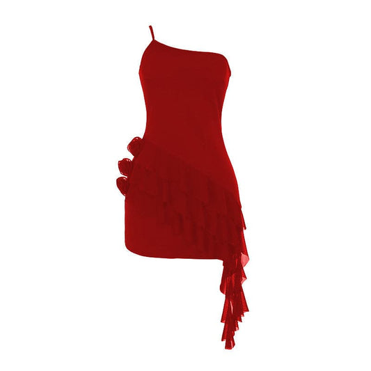 One shoulder ruffle flower applique mini dress | Festival Outfits Women