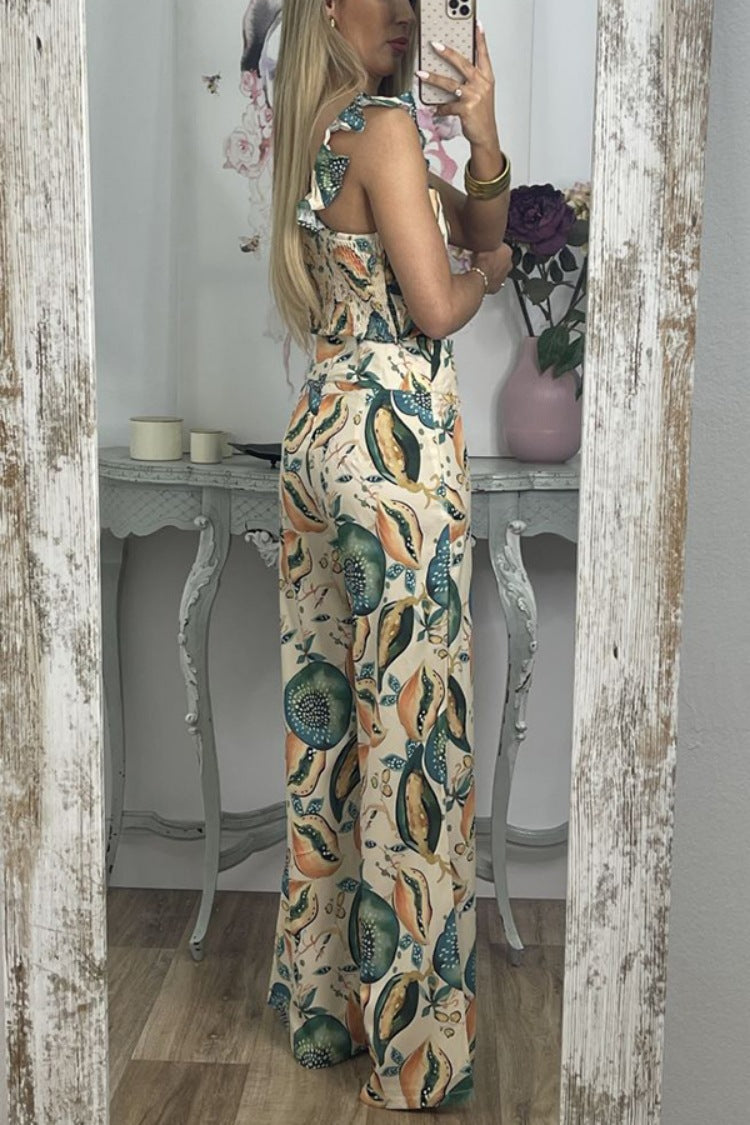 Women Printed Casual Sling Top Trousers Two Piece Set