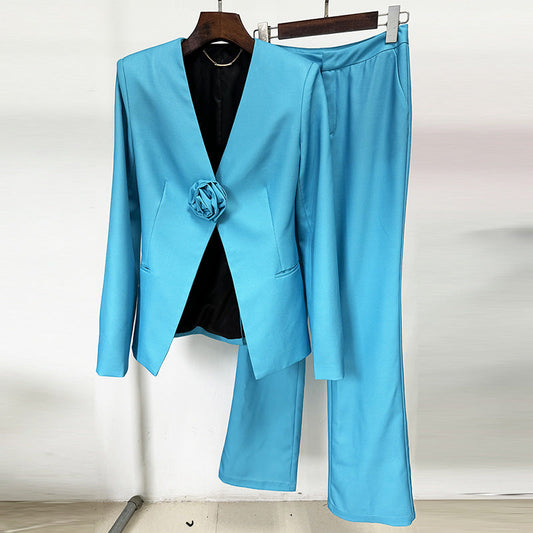 Three Dimensional Floral Collarless Bootcut Pants Two Piece Set