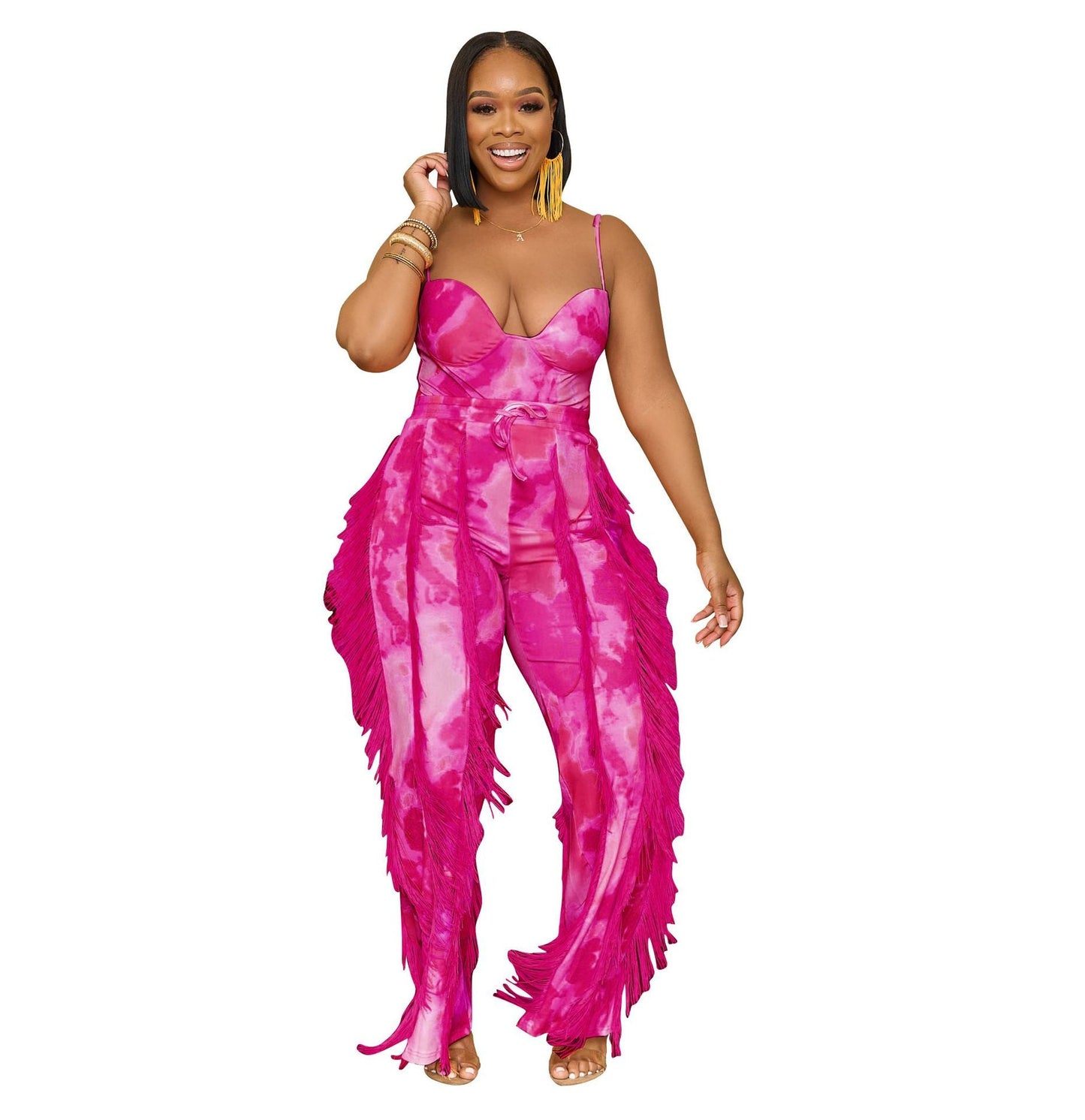 Women Clothing Suit Printed Tassel Lace Sling Jumpsuit Two Piece Suit