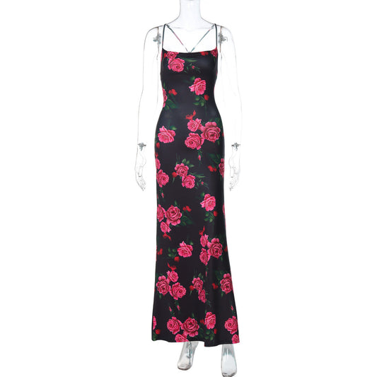 Women Clothing Spring Dignified Floral Printed Sexy Bare Back Tied Dress
